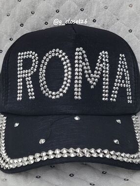 Black 'ROMA' Crystal Studded Baseball Cap
